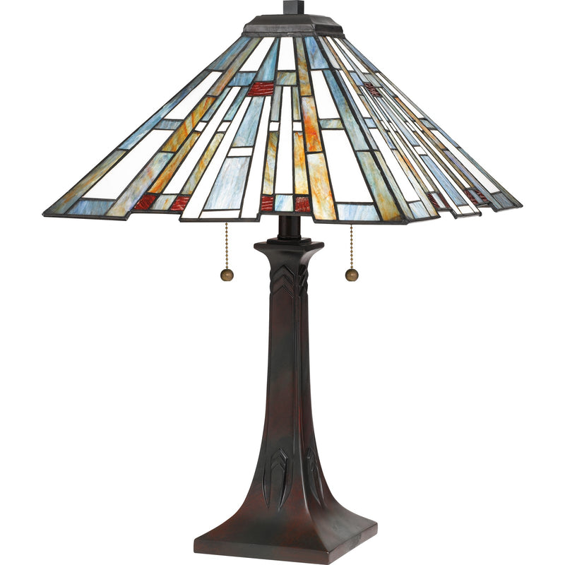 Quoizel Maybeck 16in 2-Light Table Lamp | Tiffany Valiant Bronze and Multicolor Art Glass | Bedroom & Living Room | Model TFMK6325VA
