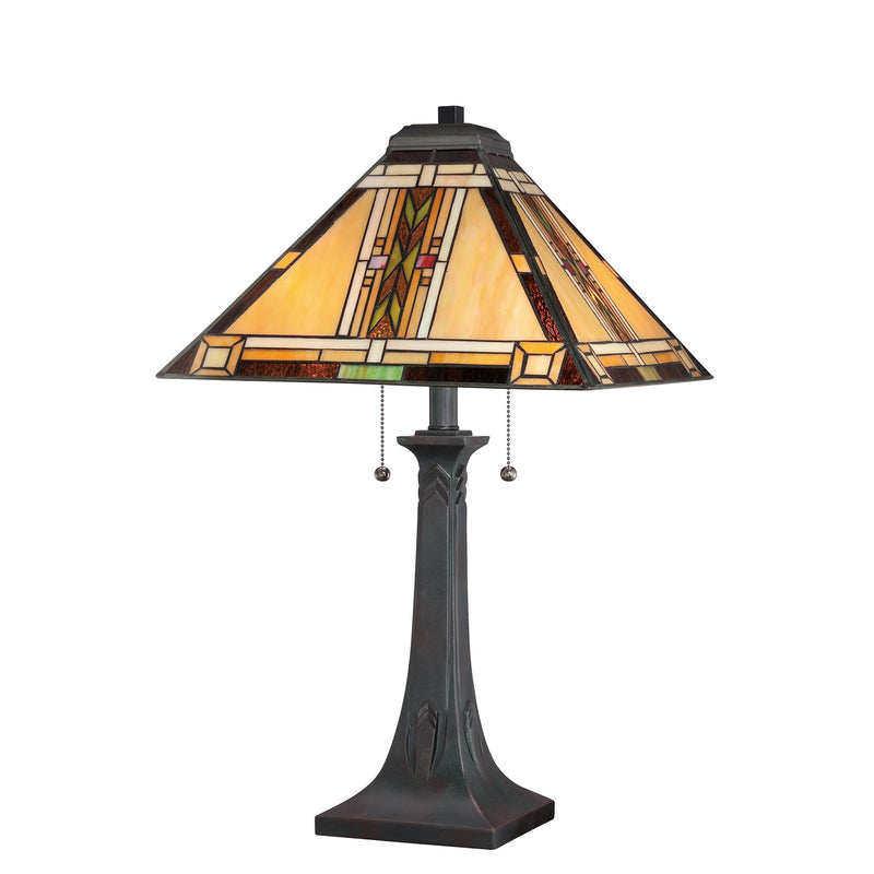 Quoizel Navajo 15in 2-Light Table Lamp | Southwestern Valiant Bronze and Multicolor Art Glass | Living Room & Bedroom | Model TFNO6325VA