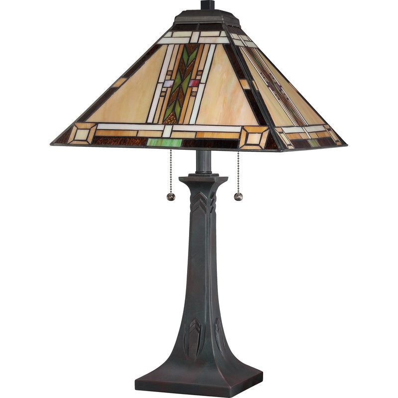 Quoizel Navajo 15in 2-Light Table Lamp | Southwestern Valiant Bronze and Multicolor Art Glass | Living Room & Bedroom | Model TFNO6325VA