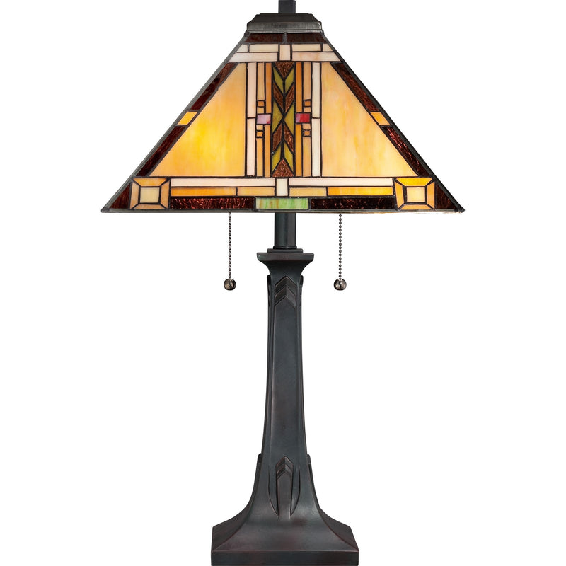 Quoizel Navajo 15in 2-Light Table Lamp | Southwestern Valiant Bronze and Multicolor Art Glass | Living Room & Bedroom | Model TFNO6325VA