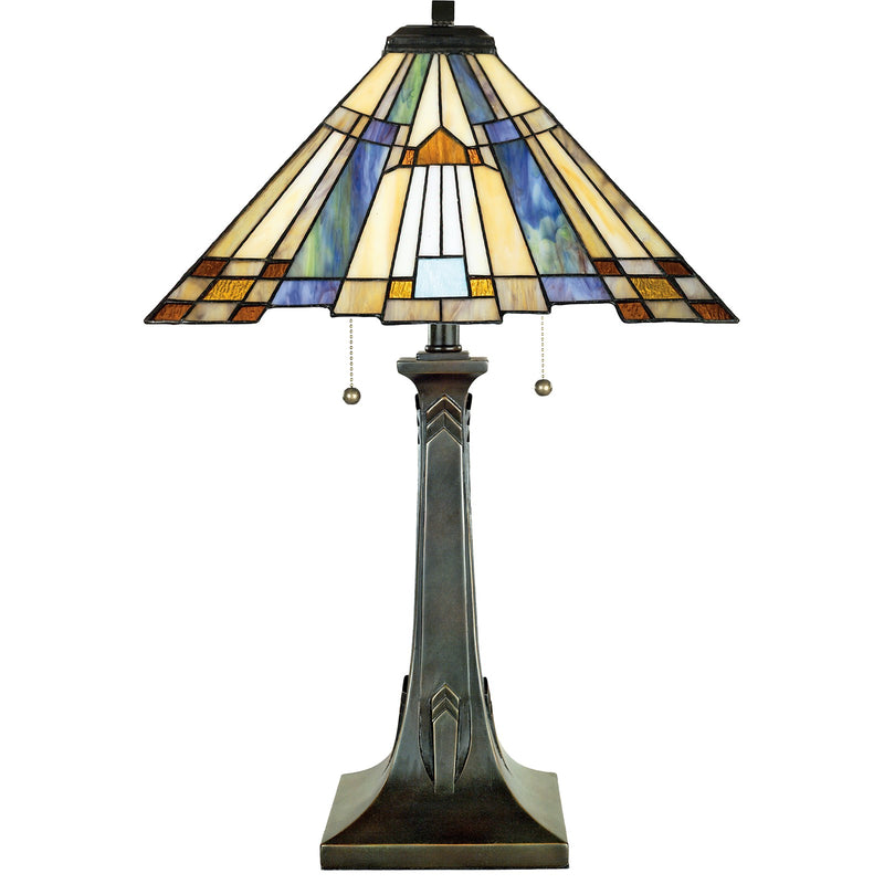 Quoizel Inglenook 25in 2-Light Table Lamp | Arts and Crafts Valiant Bronze and Multicolor Art Glass | Bedside and Living Room | Model TFT16191A1VA