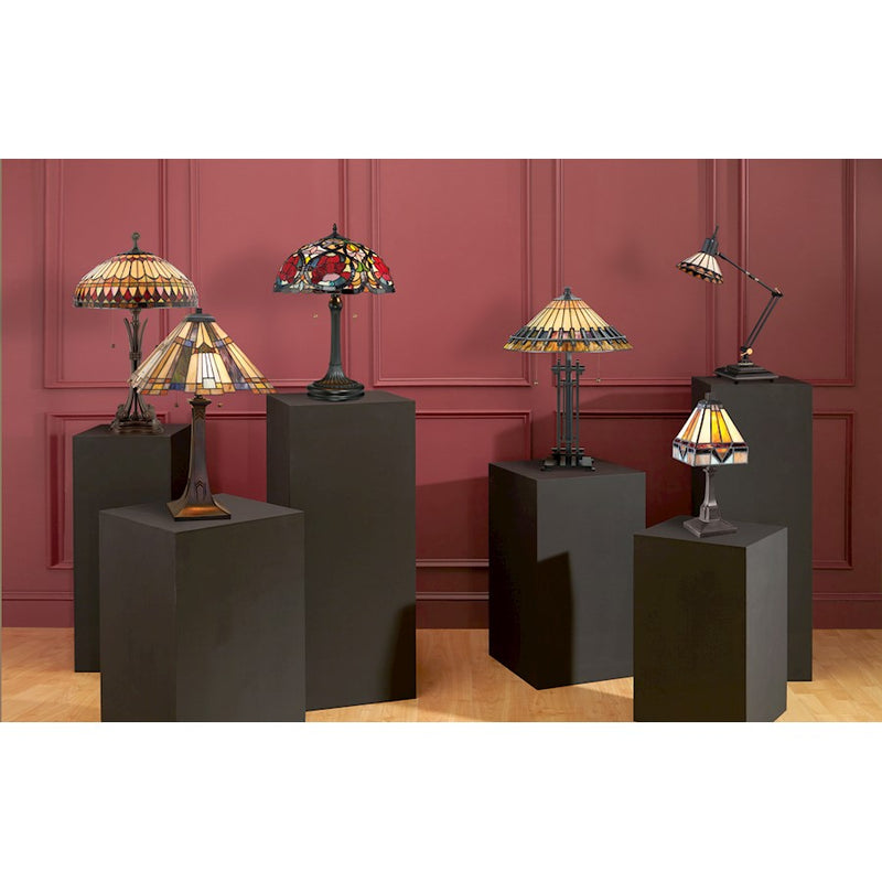 Quoizel Inglenook 25in 2-Light Table Lamp | Arts and Crafts Valiant Bronze and Multicolor Art Glass | Bedside and Living Room | Model TFT16191A1VA