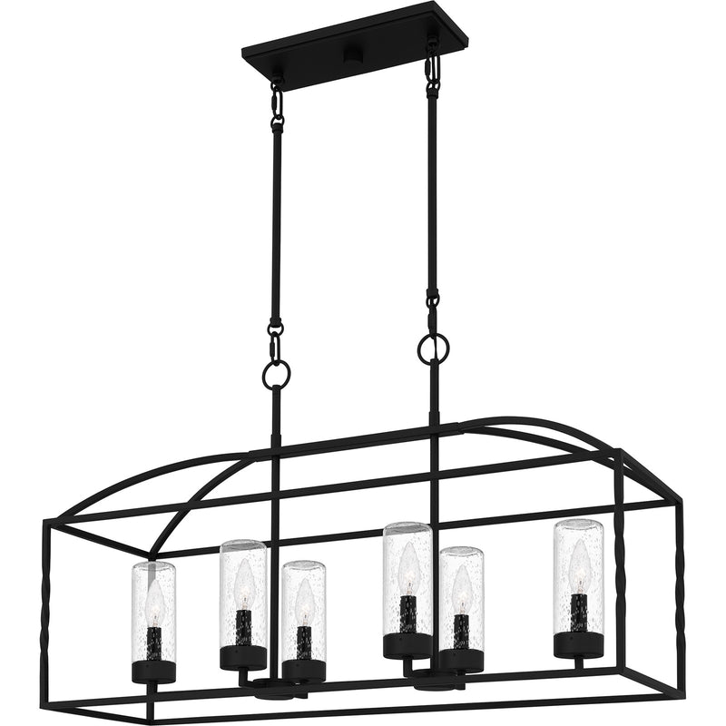 Quoizel Thatcher 36in 6-Light Linear Chandelier | Transitional Earth Black and Clear Seedy Glass | Covered Patio & Kitchen Island | Model THA3536EK