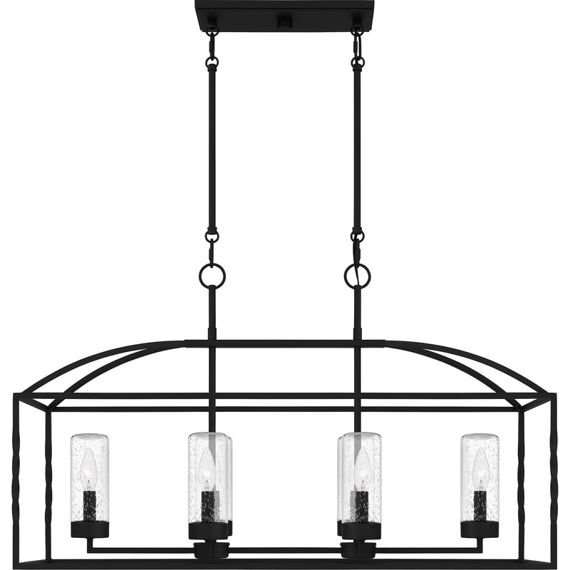 Quoizel Thatcher 36in 6-Light Linear Chandelier | Transitional Earth Black and Clear Seedy Glass | Covered Patio & Kitchen Island | Model THA3536EK