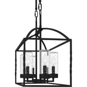 Quoizel Thatcher 36in 6-Light Linear Chandelier | Transitional Earth Black and Clear Seedy Glass | Covered Patio & Kitchen Island | Model THA3536EK