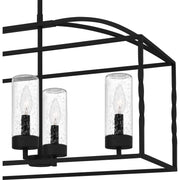 Quoizel Thatcher 36in 6-Light Linear Chandelier | Transitional Earth Black and Clear Seedy Glass | Covered Patio & Kitchen Island | Model THA3536EK