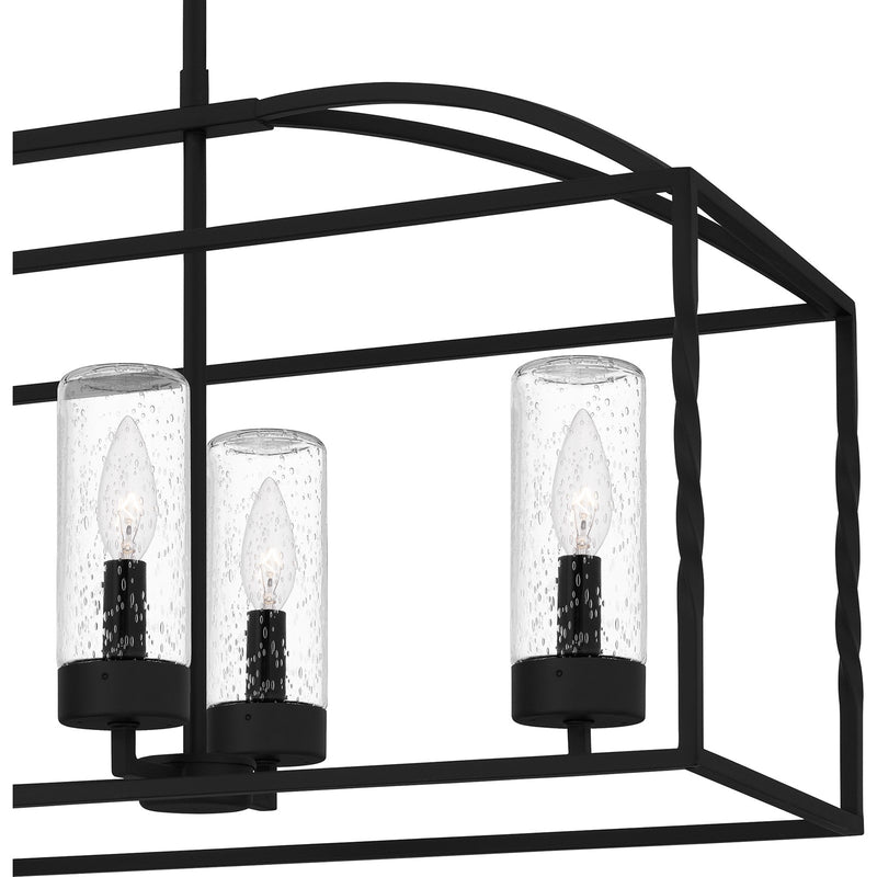 Quoizel Thatcher 36in 6-Light Linear Chandelier | Transitional Earth Black and Clear Seedy Glass | Covered Patio & Kitchen Island | Model THA3536EK