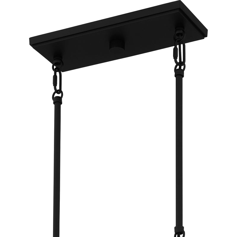Quoizel Thatcher 36in 6-Light Linear Chandelier | Transitional Earth Black and Clear Seedy Glass | Covered Patio & Kitchen Island | Model THA3536EK