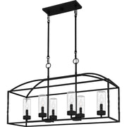 Quoizel Thatcher 36in 6-Light Linear Chandelier | Transitional Earth Black and Clear Seedy Glass | Kitchen Island & Dining Room | Model THA636EK