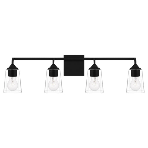 Quoizel Thoresby 31in 4-Light Vanity Light | Modern Matte Black and Clear Glass | Bathroom Vanity & Guest Bath | 31 x 5.25 x 8 in | Model THO8631MBK