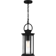 Quoizel Tilmore 8in 1-Light Mini Pendant | Coastal Matte Black and Clear Ribbed Glass | Kitchen Island & Dining Nook | Model TLM1507MBK