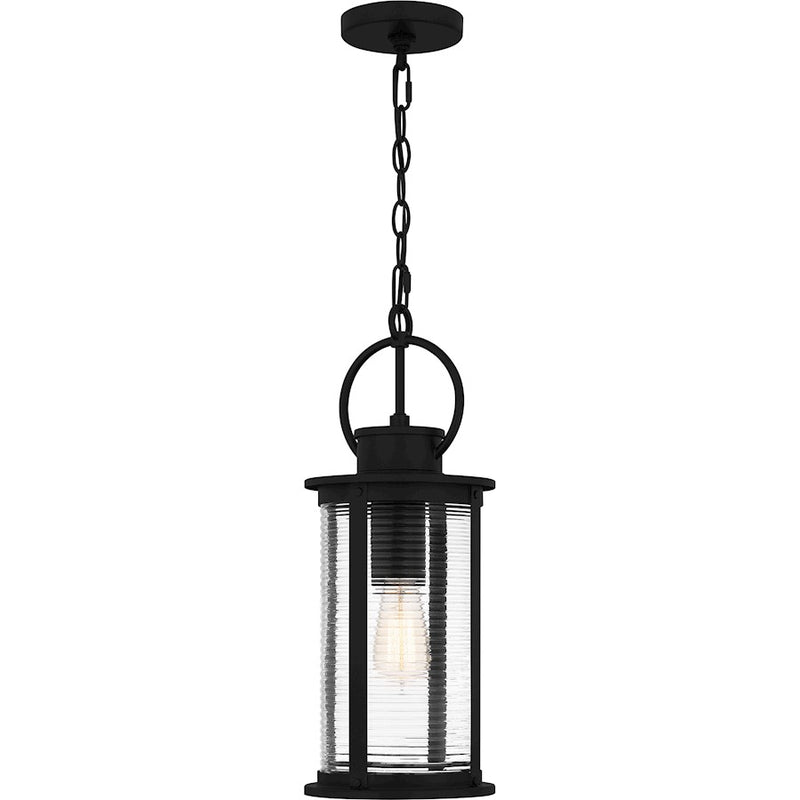 Quoizel Tilmore 8in 1-Light Mini Pendant | Coastal Matte Black and Clear Ribbed Glass | Kitchen Island & Dining Nook | Model TLM1507MBK