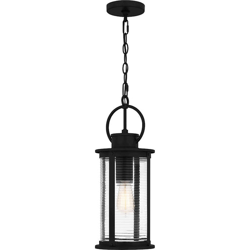 Quoizel Tilmore 8in 1-Light Mini Pendant | Coastal Matte Black and Clear Ribbed Glass | Kitchen Island & Dining Nook | Model TLM1507MBK