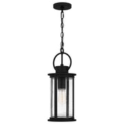 Quoizel Tilmore 8in 1-Light Mini Pendant | Coastal Matte Black and Clear Ribbed Glass | Kitchen Island & Dining Nook | Model TLM1507MBK