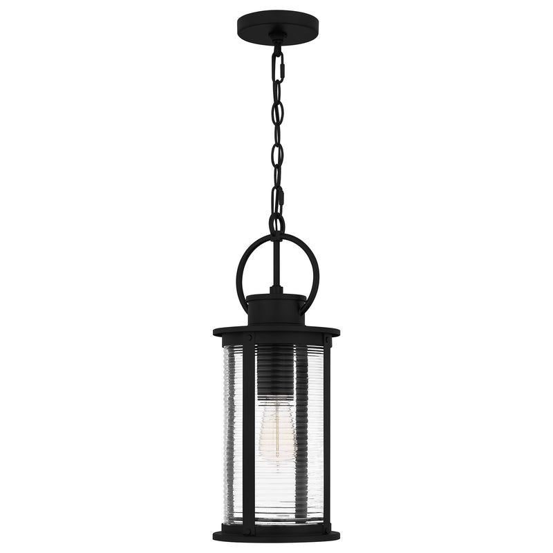 Quoizel Tilmore 8in 1-Light Mini Pendant | Coastal Matte Black and Clear Ribbed Glass | Kitchen Island & Dining Nook | Model TLM1507MBK