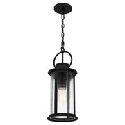 Quoizel Tilmore 8in 1-Light Mini Pendant | Coastal Matte Black and Clear Ribbed Glass | Kitchen Island & Dining Nook | Model TLM1507MBK
