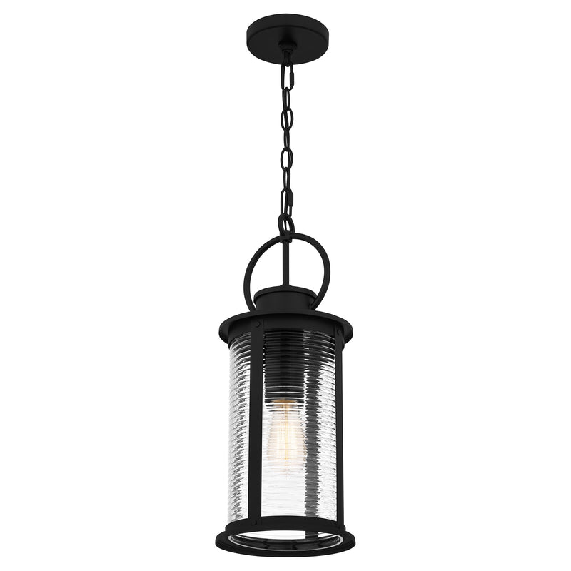 Quoizel Tilmore 8in 1-Light Mini Pendant | Coastal Matte Black and Clear Ribbed Glass | Kitchen Island & Dining Nook | Model TLM1507MBK