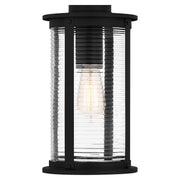 Quoizel Tilmore 8in 1-Light Mini Pendant | Coastal Matte Black and Clear Ribbed Glass | Kitchen Island & Dining Nook | Model TLM1507MBK
