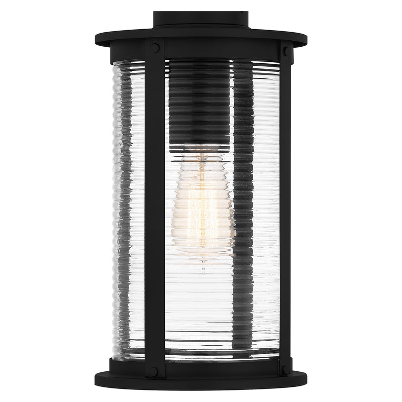 Quoizel Tilmore 8in 1-Light Mini Pendant | Coastal Matte Black and Clear Ribbed Glass | Kitchen Island & Dining Nook | Model TLM1507MBK