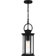 Quoizel Tilmore 8in 1-Light Outdoor Hanging Lantern | Coastal Matte Black and Clear Ribbed Glass | Front Porch & Entryway | Model TLM1907MBK
