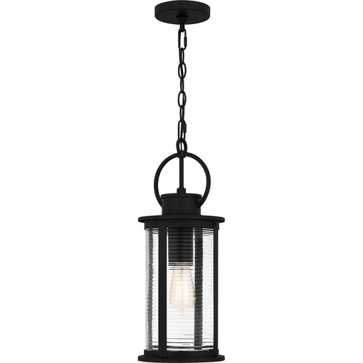 Quoizel Tilmore 8in 1-Light Outdoor Hanging Lantern | Coastal Matte Black and Clear Ribbed Glass | Front Porch & Entryway | Model TLM1907MBK