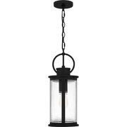 Quoizel Tilmore 8in 1-Light Outdoor Hanging Lantern | Coastal Matte Black and Clear Ribbed Glass | Front Porch & Entryway | Model TLM1907MBK
