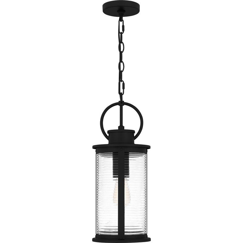 Quoizel Tilmore 8in 1-Light Outdoor Hanging Lantern | Coastal Matte Black and Clear Ribbed Glass | Front Porch & Entryway | Model TLM1907MBK