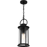 Quoizel Tilmore 8in 1-Light Outdoor Hanging Lantern | Coastal Matte Black and Clear Ribbed Glass | Front Porch & Entryway | Model TLM1907MBK