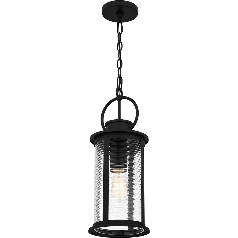 Quoizel Tilmore 8in 1-Light Outdoor Hanging Lantern | Coastal Matte Black and Clear Ribbed Glass | Front Porch & Entryway | Model TLM1907MBK