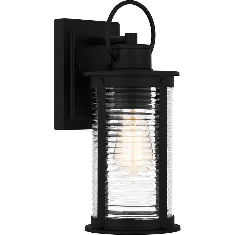 Quoizel Tilmore 7in 1-Light Outdoor Wall Lantern | Coastal Matte Black and Clear Ribbed Glass | Front Porch & Entryway | Model TLM8405MBK