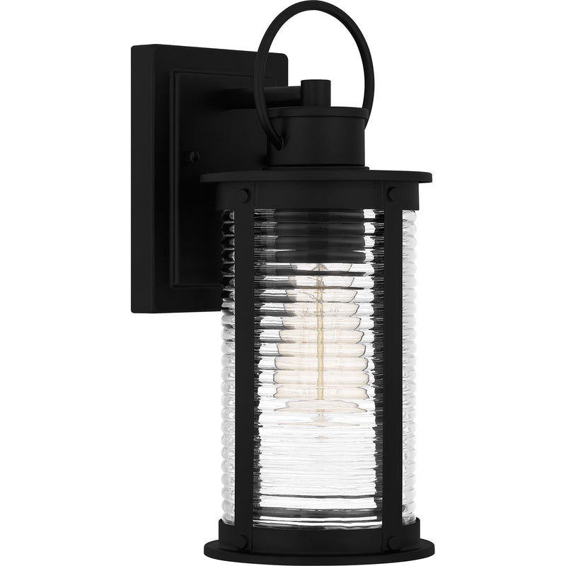 Quoizel Tilmore 7in 1-Light Outdoor Wall Lantern | Coastal Matte Black and Clear Ribbed Glass | Front Porch & Entryway | Model TLM8405MBK