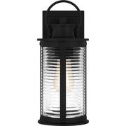 Quoizel Tilmore 7in 1-Light Outdoor Wall Lantern | Coastal Matte Black and Clear Ribbed Glass | Front Porch & Entryway | Model TLM8405MBK
