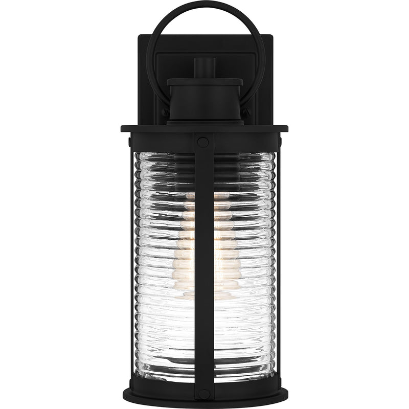 Quoizel Tilmore 7in 1-Light Outdoor Wall Lantern | Coastal Matte Black and Clear Ribbed Glass | Front Porch & Entryway | Model TLM8405MBK