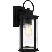 Quoizel Tilmore 8in 1-Light Outdoor Wall Lantern | Coastal Matte Black and Clear Ribbed Glass | Front Porch & Entryway | Model TLM8406MBK