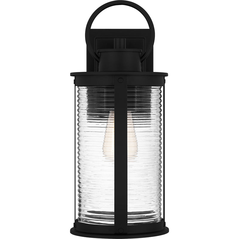 Quoizel Tilmore 8in 1-Light Outdoor Wall Lantern | Coastal Matte Black and Clear Ribbed Glass | Front Porch & Entryway | Model TLM8406MBK