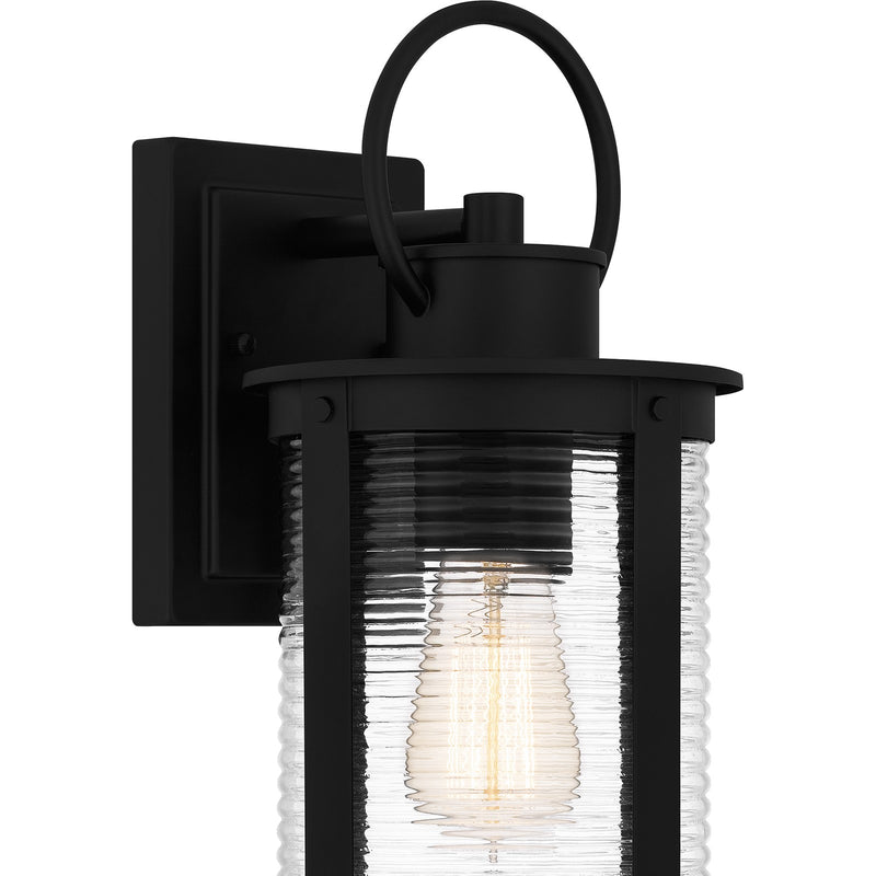 Quoizel Tilmore 8in 1-Light Outdoor Wall Lantern | Coastal Matte Black and Clear Ribbed Glass | Front Porch & Entryway | Model TLM8406MBK