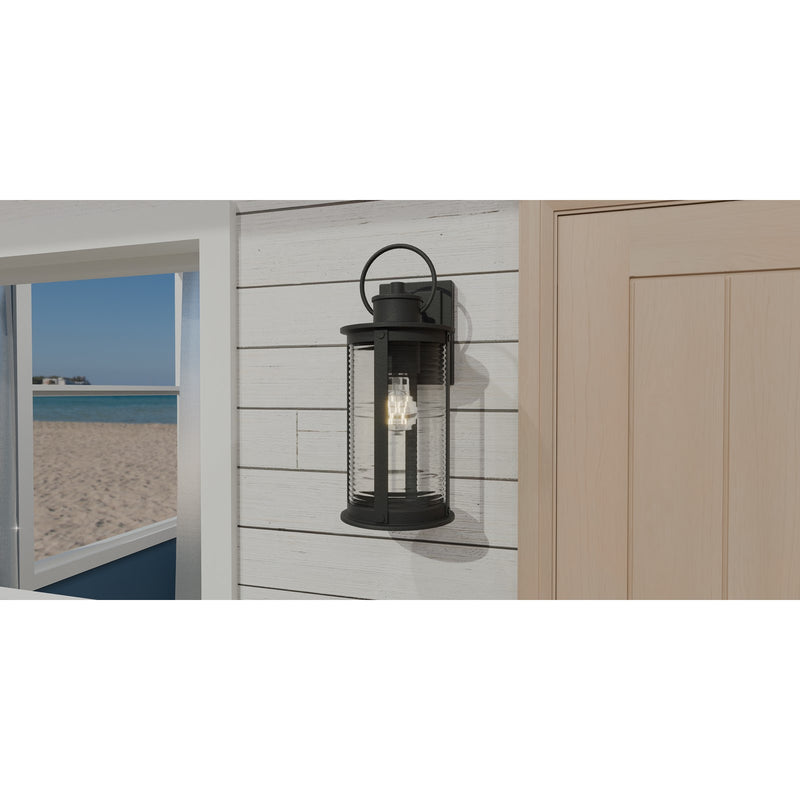 Quoizel Tilmore 8in 1-Light Outdoor Wall Lantern | Coastal Matte Black and Clear Ribbed Glass | Front Porch & Entryway | Model TLM8406MBK