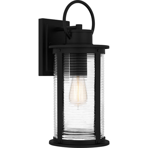 Quoizel Tilmore 18in 1-Light Outdoor Wall Lantern | Coastal Matte Black and Clear Ribbed Glass | Front Porch & Entryway | Model TLM8407MBK