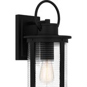 Quoizel Tilmore 18in 1-Light Outdoor Wall Lantern | Coastal Matte Black and Clear Ribbed Glass | Front Porch & Entryway | Model TLM8407MBK