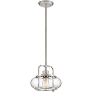 Quoizel Trilogy 10in 1-Light Mini Pendant | Industrial Brushed Nickel and Clear Seedy Glass | Kitchen Island & Bar | Model TRG1510BN