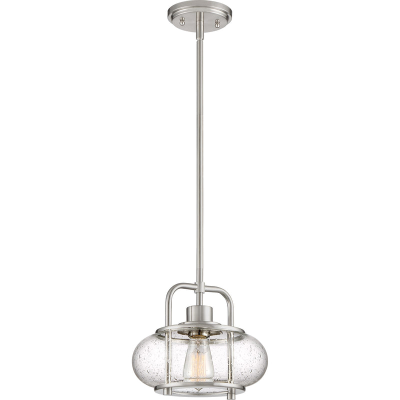 Quoizel Trilogy 10in 1-Light Mini Pendant | Industrial Brushed Nickel and Clear Seedy Glass | Kitchen Island & Bar | Model TRG1510BN