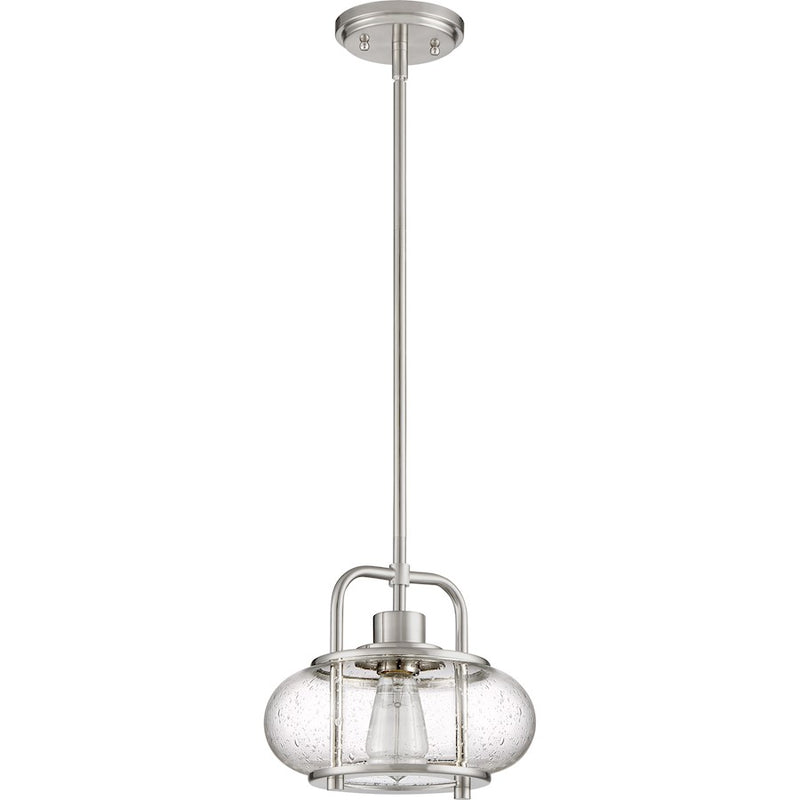 Quoizel Trilogy 10in 1-Light Mini Pendant | Industrial Brushed Nickel and Clear Seedy Glass | Kitchen Island & Bar | Model TRG1510BN