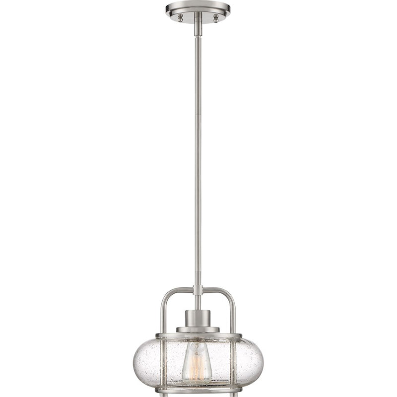 Quoizel Trilogy 10in 1-Light Mini Pendant | Industrial Brushed Nickel and Clear Seedy Glass | Kitchen Island & Bar | Model TRG1510BN