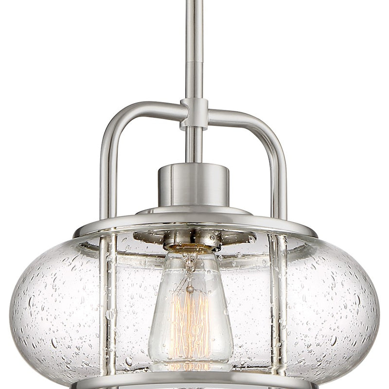 Quoizel Trilogy 10in 1-Light Mini Pendant | Industrial Brushed Nickel and Clear Seedy Glass | Kitchen Island & Bar | Model TRG1510BN