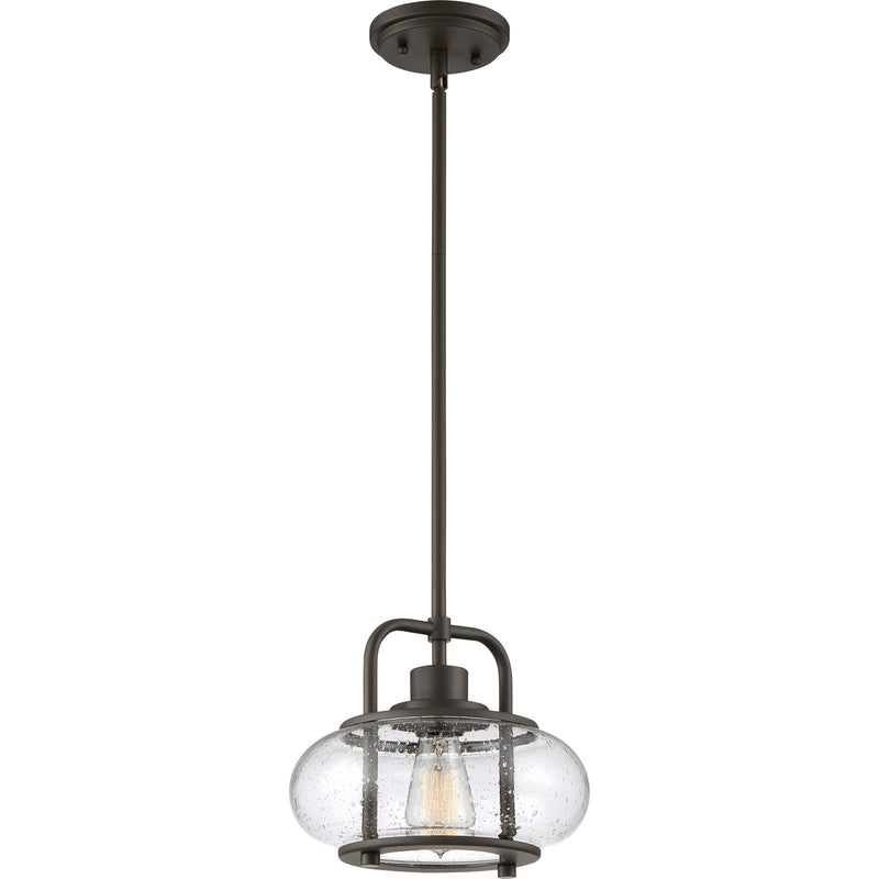 Quoizel Trilogy 10in 1-Light Mini Pendant | Industrial Old Bronze and Clear Seedy Glass | Kitchen Island & Bar | 10 x 10 x 9.5 in | Model TRG1510OZ