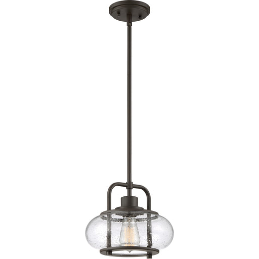 Quoizel Trilogy 10in 1-Light Mini Pendant | Industrial Old Bronze and Clear Seedy Glass | Kitchen Island & Bar | 10 x 10 x 9.5 in | Model TRG1510OZ