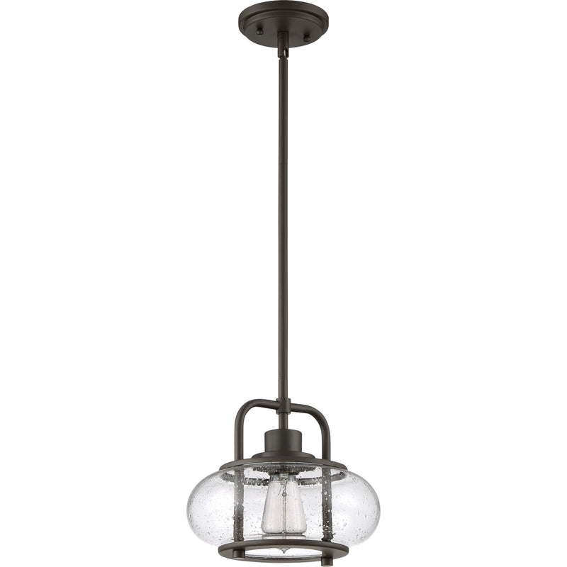 Quoizel Trilogy 10in 1-Light Mini Pendant | Industrial Old Bronze and Clear Seedy Glass | Kitchen Island & Bar | 10 x 10 x 9.5 in | Model TRG1510OZ