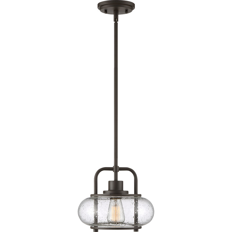 Quoizel Trilogy 10in 1-Light Mini Pendant | Industrial Old Bronze and Clear Seedy Glass | Kitchen Island & Bar | 10 x 10 x 9.5 in | Model TRG1510OZ