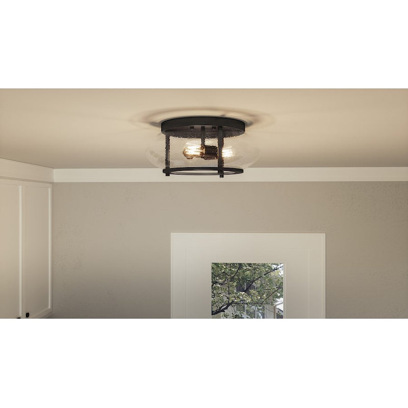 Quoizel Trilogy 16in 3-Light Flush Mount | Industrial Old Bronze and Clear Seedy Glass | Hallway & Entryway | 16 x 16 x 7 in | Model TRG1616OZ