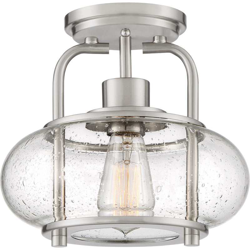 Quoizel Trilogy 10in 1-Light Semi-Flush Mount | Industrial Brushed Nickel and Clear Seedy Glass | Hallway & Entryway | Model TRG1710BN